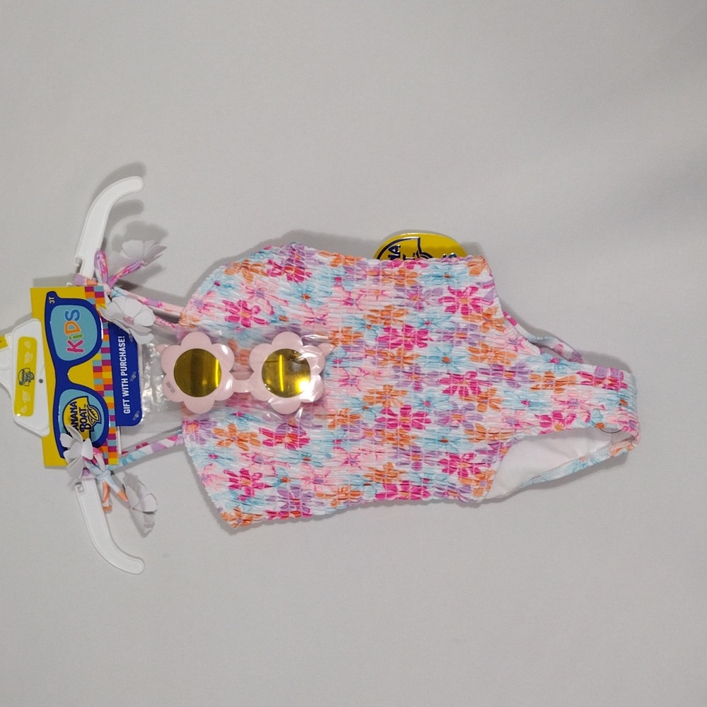 NWT Banana Boat Toddler Girls Daisy Print Smocked Front Swimsuit W/ Ties Size 3T
